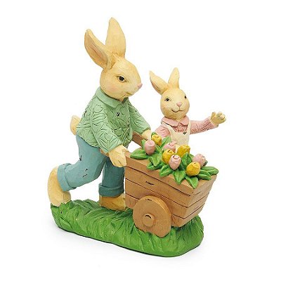 Coelho de Resina com Carrinho de Mão e Coelhinho 20x10x14.5cm - Coleção Ternura - Ref 1014711 Páscoa Cromus