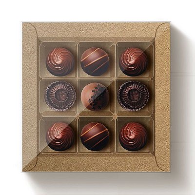 Caixa Quadrada com Visor PVC Para 9 Doces 13x13x4cm Kraft com 10 Un - Ref 13003397 Cromus