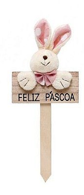 Plaquinha Decorativa Feliz Páscoa Coelho Poá Coração Rosa - Decoração Páscoa- Ref 1827262RS Páscoa Cromus