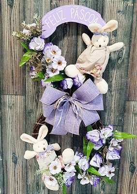 Guirlanda de Páscoa Silhueta Cipó Coelho Lilás com Flores e Laço 85cm- Páscoa CCS