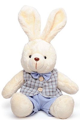 Coelho de Pelúcia Sentado com Roupa Xadrez Azul 37cm - Coleção Popcorn - Ref 1013194 Páscoa Cromus
