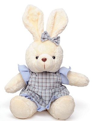 Coelho de Pelúcia Sentado com Vestido Xadrez Azul 37cm - Coleção Popcorn - Ref 1013194RS Páscoa Cromus