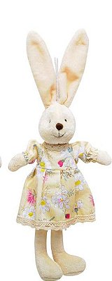Mini Coelha de Pelúcia com Vestido Florido Amarelo e Pernas Compridas 30cm - Coleção Daisy - Ref 1013198 Cromus