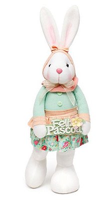 Coelha de Vestido com Pé pra Tras e Placa Feliz Páscoa 40cm - Coleção Erva Doce - Ref 1826800 Páscoa Cromus