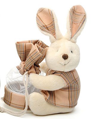 Bolsinha de Páscoa Transparente Com Coelho de Pelúcia Xadrez Salmão 17cm - Coleção Gales - Ref 1013220 Páscoa Cromus