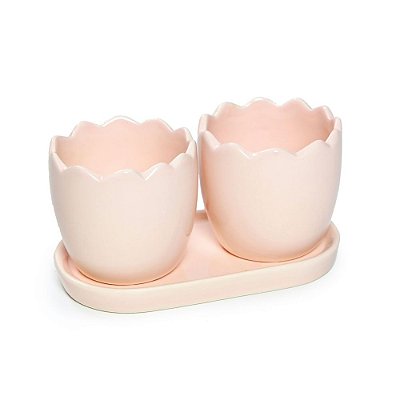 Cachepot Duplo Meio Ovo com Suporte de Cerâmica Rosa 7x15x8cm - Coleção Confeitos - Ref 1821263 Páscoa Cromus