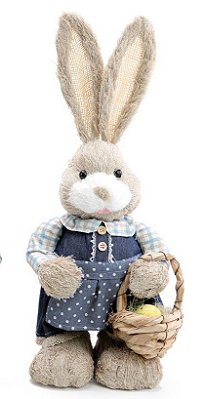 Coelha de Palha Italiana Segurando Cesta de Flores com Vestido Azul Jeans 45cm - Coleção St Louis - Ref 1014106F Páscoa Cromus