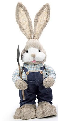 Coelho De Palha Italiana em Pé com Pá e Macacão Jeans 60cm - Coleção ST Louis - Ref 1014109 Páscoa Cromus