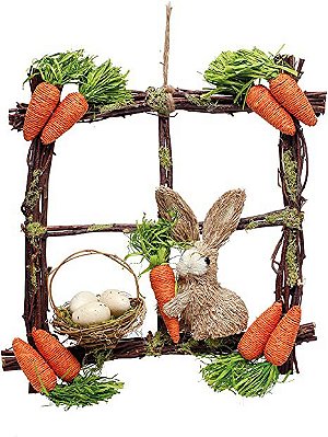 Quadro Modelo Janela de Cipó com Coelho de Palha e Cenouras 35x35cm - Ref 1827489 Páscoa Cromus