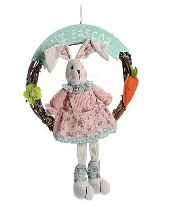 Guirlanda de Páscoa de Cipó com Coelha Rosa e Verde 35x45cm - Coleção Vanilla - Ref 1521624 Páscoa Cromus