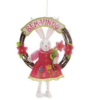 Guirlanda de Páscoa Coelha com Vestido Rosa e Flor 35x45cm - Coleção Jujuba - Ref 1320846 Páscoa Cromus