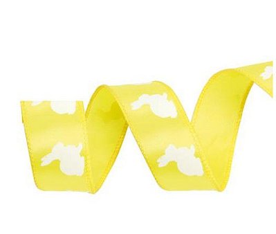 Fita Aramada de Páscoa Amarela com Coelhos Brancos 3x9.14cm - Ref 1820882 Cromus