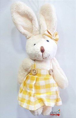 Mini Coelha de Pelúcia Articulado com Roupa Xadrez Amarelo 20cm - Ref 1321191F Páscoa Cromus