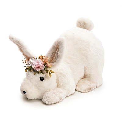 Coelho de Palha Branco Abaixado com Flores na Cabeça 26x20cm - Coleção Arroz Doce - Ref 1012789 Páscoa Cromus