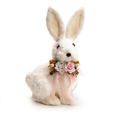 Coelho de Palha Branca Sentado com Flores No Pescoço 30x17cm - Coleção Arroz Doce - Ref 1012792 Páscoa Cromus