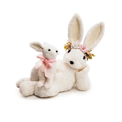 Coelha de Palha Branca Deitada com Filhote e Flores na Cabeça 25x30cm - Coleção Arroz Doce - Ref 1012795 Páscoa Cromus