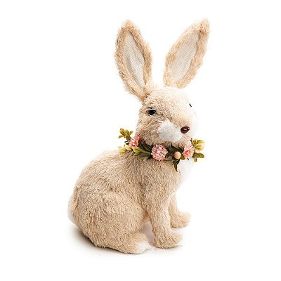 Coelho de Palha Italiana Sentado com Flores no Pescoço 37x23cm - Coleção Brisa - Ref 1012809 Páscoa Cromus
