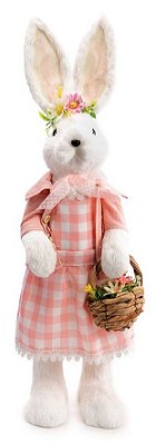 Coelha de Palha Branca em Pé com Vestido Xadrez Rosa 60cm - Coleção Pipoca Doce - Ref 1013919F Páscoa Cromus