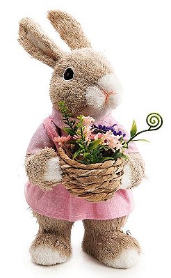 Coelha de Palha Italiana em Pé com Cesta de Flores Na Mão 24cm - Coleção Milkshake - Ref 1013944F Páscoa Cromus
