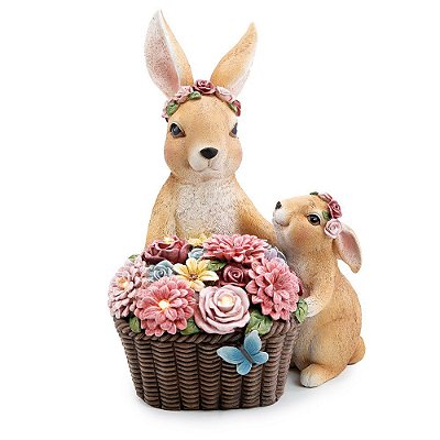 Coelha Decorativa de Resina e LED Sentada com Cesto de Flores e Filhote 28x20x20cm - Coleção Ternura - Ref 1014223 Páscoa Cromus