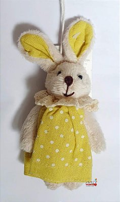 Mini Coelha de Pelúcia Vestido Poá Amarelo 14cm - Ref 1120829 Páscoa Cromus