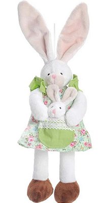 Coelha de Pelúcia com Vestido Florido Verde e Filhote no Bolsão 40cm - Ref 1522123 Páscoa Cromus