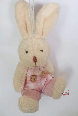 Mini Coelho de Pelúcia Sentado Macacão Xadrez Rosa 15cm - Coleção Beijinho - Ref 1321183 Páscoa Cromus