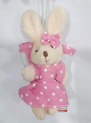 Mini Coelha de Pelúcia Vestido Poá Rosa 15cm com Bolsa nas Costas - Ref 1321098 Páscoa Cromus