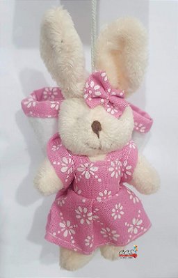 Mini Coelho de Pelúcia Vestido Flor Rosa 15cm com Bolsa nas Costas - Ref 1321099F Páscoa Cromus