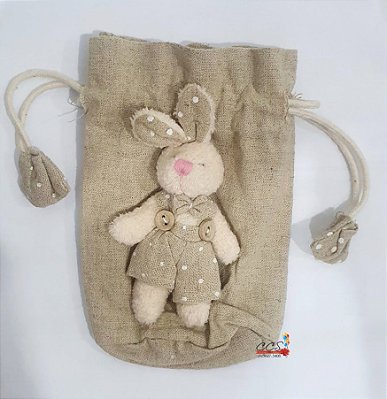 Bolsinha de Algodão Cru com Mini Coelho Aplicado 10x15cm - Ref 212064 Páscoa Cromus