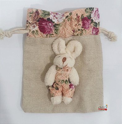 Bolsinha de Algodão Cru com Mini Coelho e Borda Floral 11x13cm - Ref 1620820 Páscoa Cromus