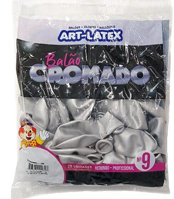 Balão de Látex 9 Polegadas Cromado Prata com 25 Unidades - Art Latex