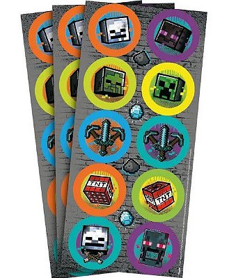 Adesivo Redondo Festa Minecraft Grafite com 30 Unidades - Ref 117159.3 Regina(out)