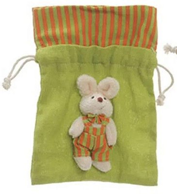 Bolsinha de Páscoa Verde Listrada com Laranja Aplique de Mini Coelho de Pelúcia 18.5x13cm - Ref 1321264 Páscoa Cromus