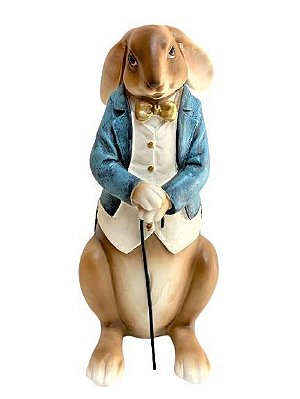 Coelho Decorativo de Resina de Smoking Azul com Bengala 31cm -Ref 6904401 D&A