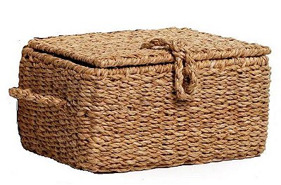Cesta Baú Retangular de Fibra de Capim Armação de Ferro com Tampa 30x22x15cm - Cestaria Home - Ref 1592313P Cromus