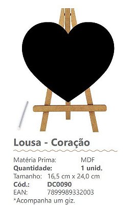 Lousa Decorativa de MDF Formato Coração 16x24cm Com 1 Giz - Ref DC0090 - Grintoy