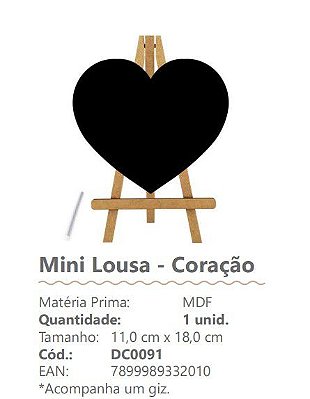 Mini Lousa Decorativa de MDF Formato Coração 11x18cm Com 1 Giz - Ref DC0091 - Grintoy
