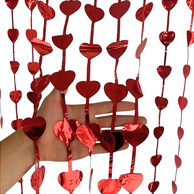 Cortina Decorativa Metalizada Vermelha Corações 2mts HA381 - Silver