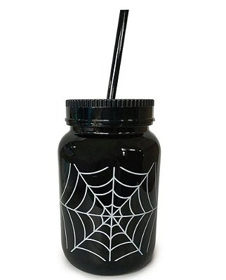 Copo de Plástico Preto com Tampa e Canudo Teia de Aranha 8x8x14 - Ref 29002500 Halloween Cromus
