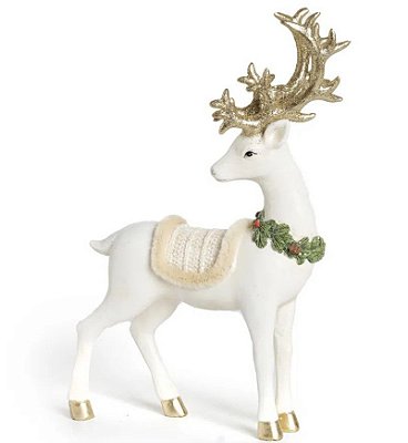 Cervo de Resina Branco com Guirlanda no Pescoço 23x13x4cm - Coleção Classiques - Ref 1209272 Cromus