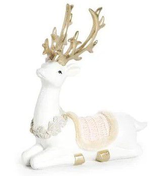 Cervo de Resina Branco Sentado com Guirlanda Branca no Pescoço 16x14x6cm - Coleção Classiques - Ref 1209263 Cromus