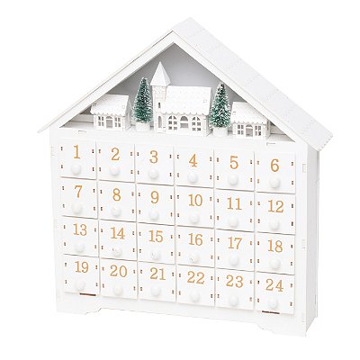 Calendário Natalino Casa Branca de Madeira com Led 35x36cm - Coleção Wood Mood - Ref 1921444 Cromus