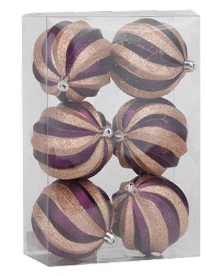 Bola de Natal Listrada Espiral Roxo e Dourado 8 cm com 6 Unidades - Ref 1020182 Cromus