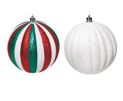Bola de Natal Mista Branca e Listrada Vermelho e Verde 8cm Jogo com 6 Unidades - Ref 1205737 Cromus