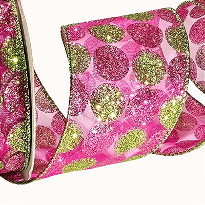 Fita Aramada de Natal Voal com Bolas de Glitter Pink e Verdes 6,3cm x 914cm - Fitas Natalinas - Ref 1213982 Cromus