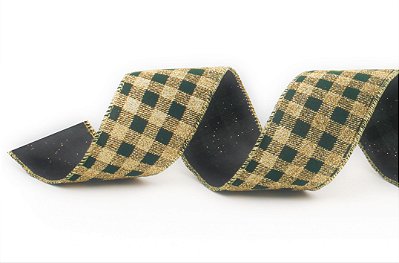 Fita Aramada de Natal Xadrez Verde e Dourado 6,3cmx914cm - Fitas Natalina - Ref 1922397 Cromus