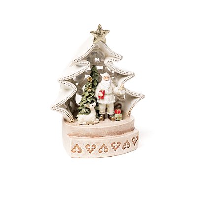Enfeite de Resina Árvore com Noel e Rena Branco com Led - Coleção Santa Claus - Ref 1351566 Cromus