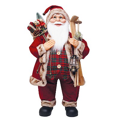 Boneco Papai Noel em Pé com Roupa Xadrez Segurando Lanterna e Sky 75cm - Coleção Noeis - Ref 1921974 Cromus