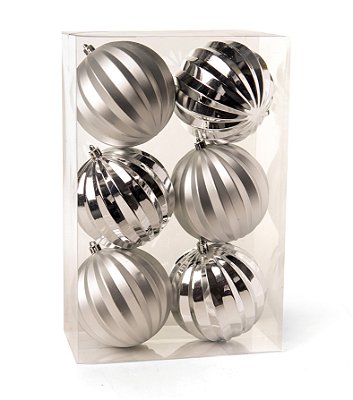 Bola de Natal Prata com Gomos Fosca e Brilho 8cm Jogo com 6Un - Bolas Natalinas - Ref 1640922 Cromus